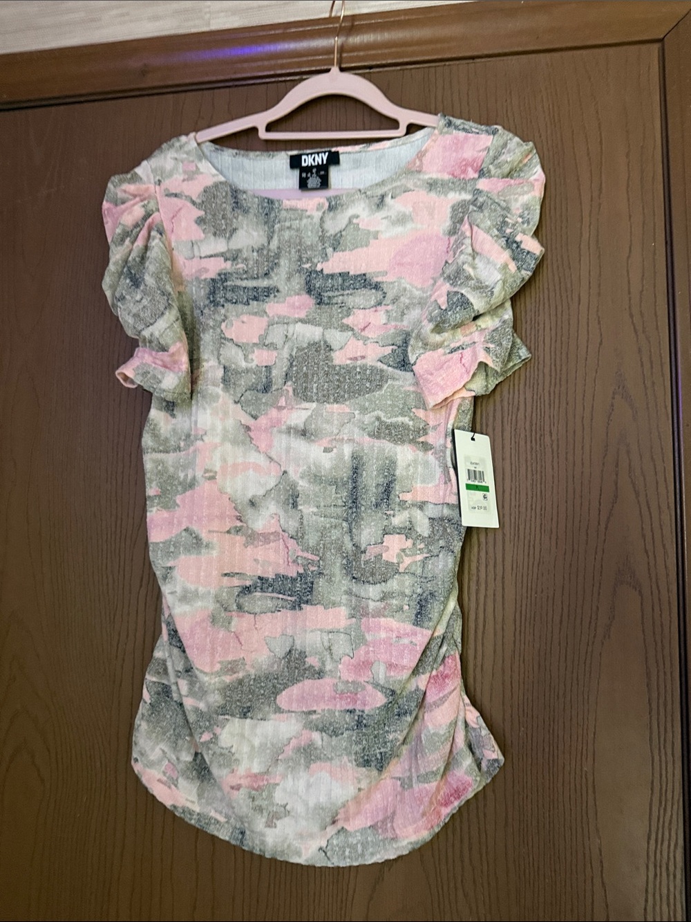 DKNY Pink and Gray Camo Ruffle-Sleeve Top